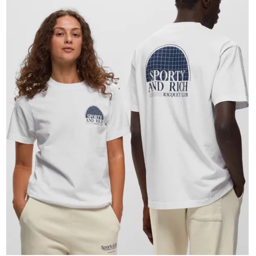 Sporty & Rich White 'Racquet Club' T-Shirt. Size: Large.